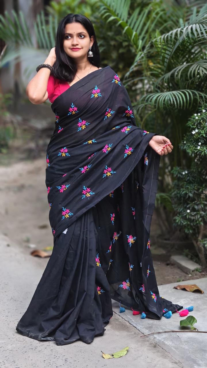 Black Premium Soft Cotton Embroidered Saree with Colorful Floral Work & Blouse Piece