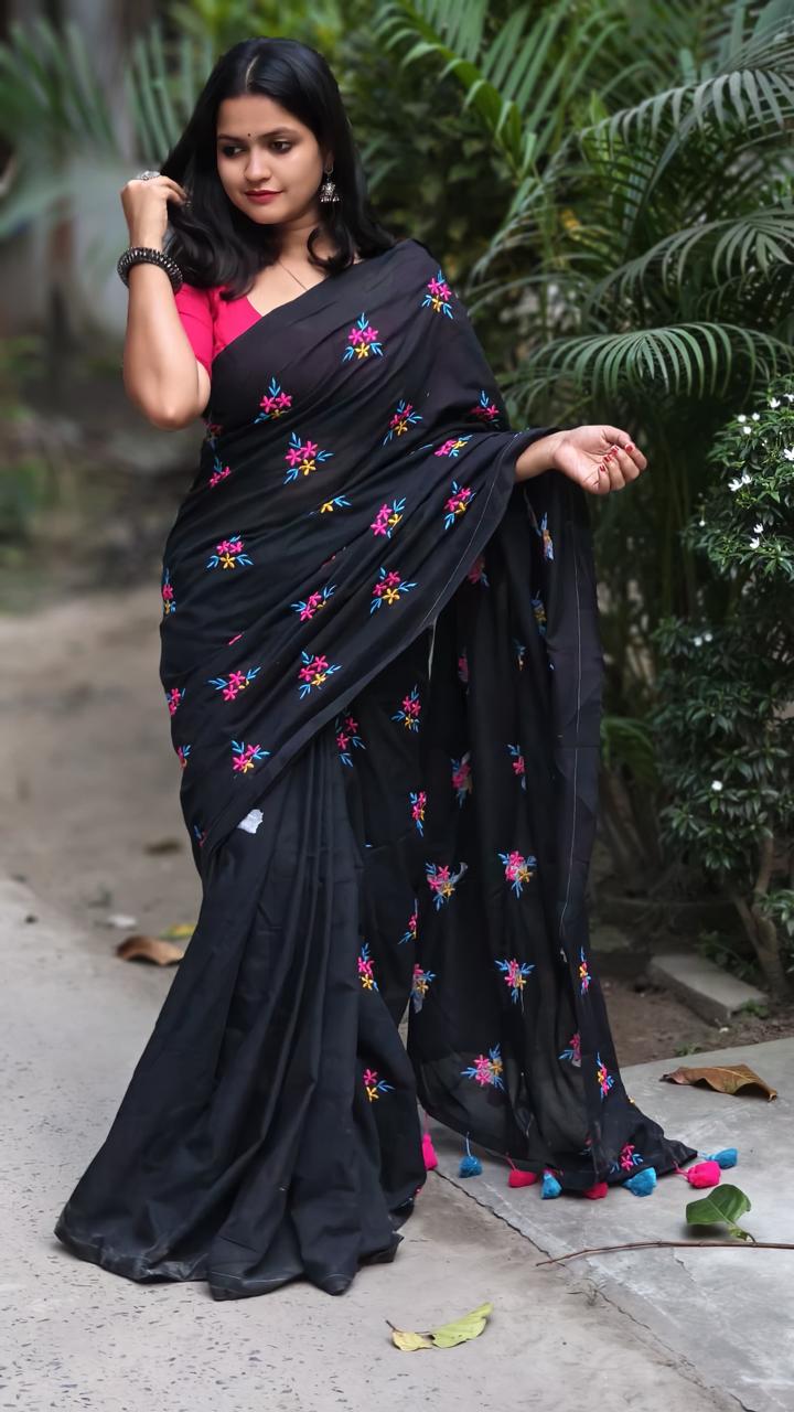 Black Premium Soft Cotton Embroidered Saree