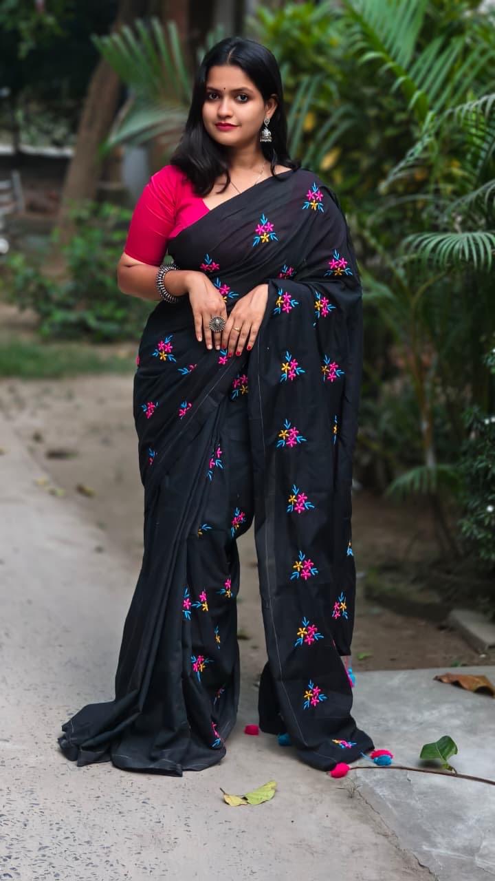 Black Premium Soft Cotton Embroidered Saree with Colorful Floral Work & Blouse Piece