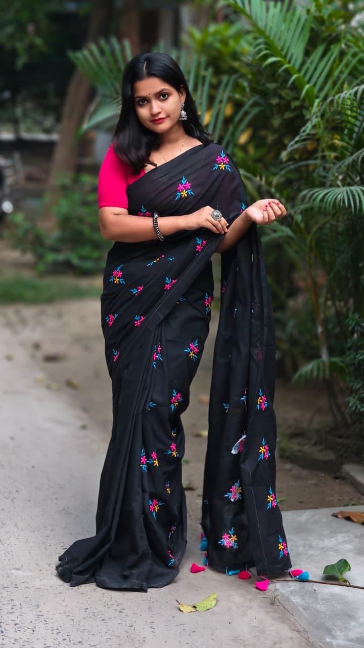 Black Premium Soft Cotton Embroidered Saree with Colorful Floral Work & Blouse Piece