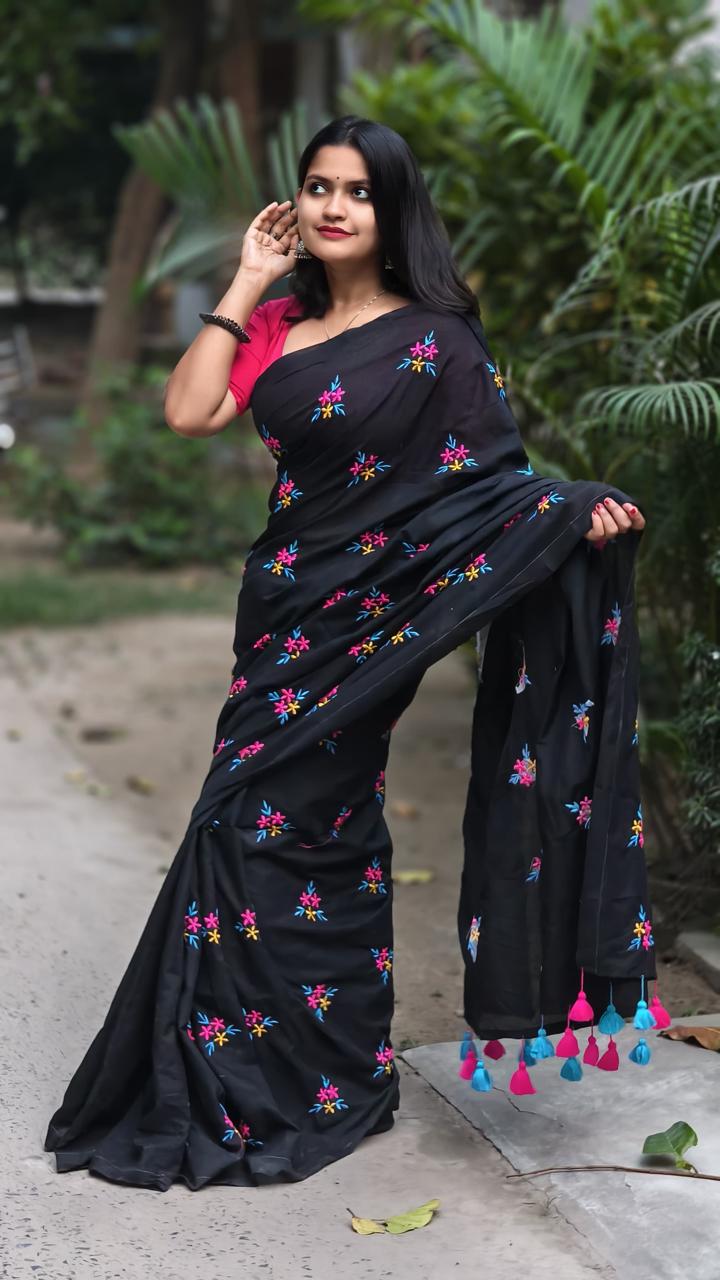 Black Premium Soft Cotton Embroidered Saree with Colorful Floral Work & Blouse Piece