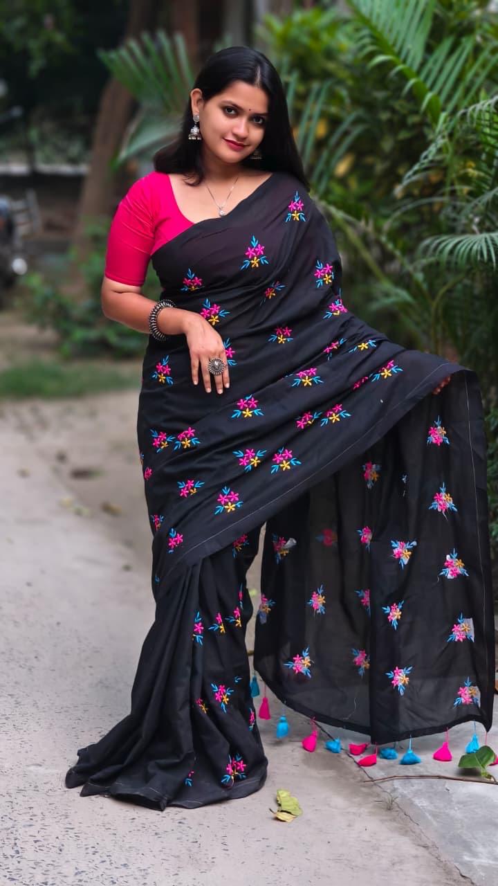 Black Premium Soft Cotton Embroidered Saree with Colorful Floral Work & Blouse Piece