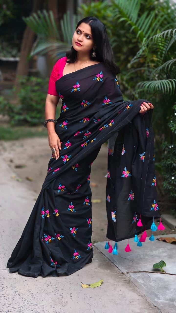 Black Premium Soft Cotton Embroidered Saree with Colorful Floral Work & Blouse Piece