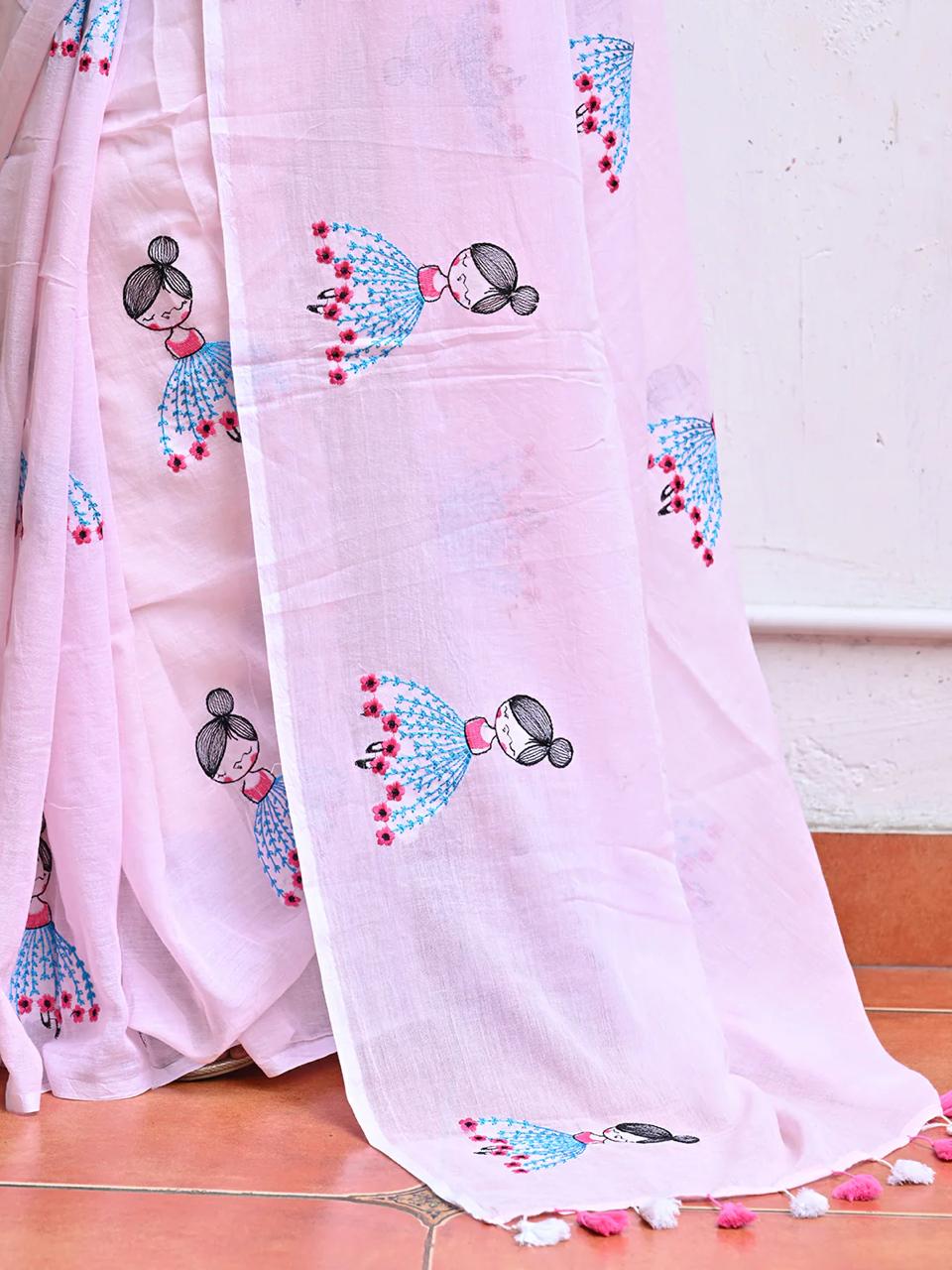 Premium Soft Cotton Embroidered Saree with Tassels & Matching Blouse Piece – Elegant Pink Ethnic Wear