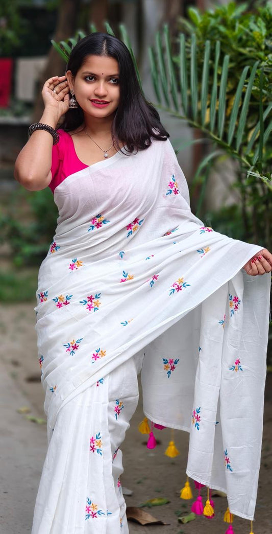 Premium White Soft Cotton Embroidered Saree with Colorful Thread Work & Tassels