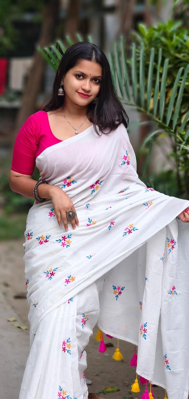 Premium White Soft Cotton Embroidered Saree