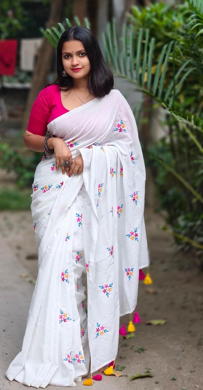 Premium White Soft Cotton Embroidered Saree with Colorful Thread Work & Tassels