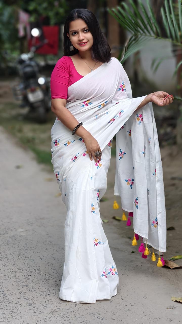 Premium White Soft Cotton Embroidered Saree with Colorful Thread Work & Tassels