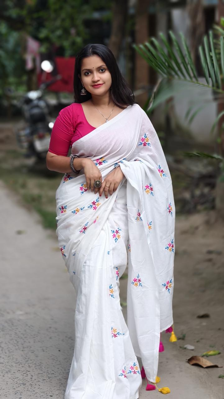 Premium White Soft Cotton Embroidered Saree