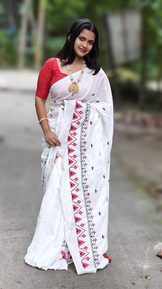 Premium Soft Cotton Embroidered Saree in White with Red Detailing & Blouse Piece