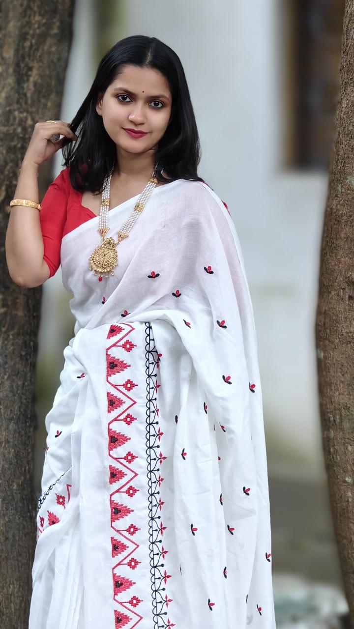 Premium Soft Cotton Embroidered Saree in White with Red Detailing & Blouse Piece