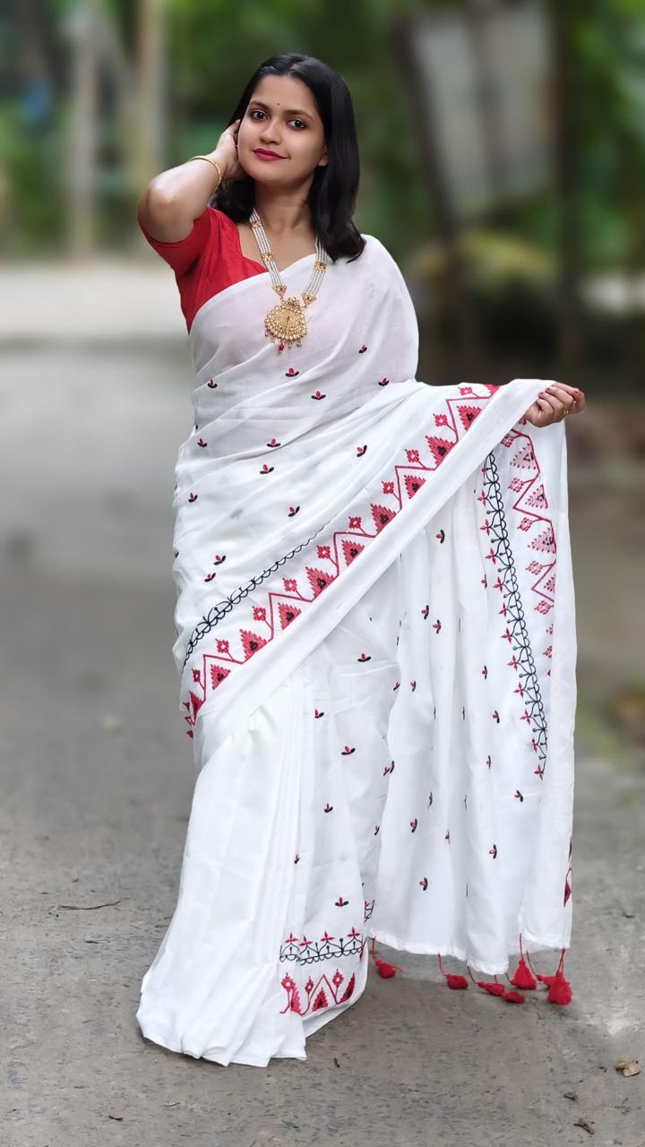 Premium Soft Cotton Embroidered Saree in White with Red Detailing & Blouse Piece