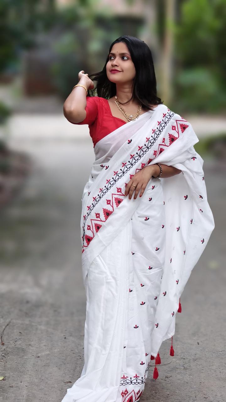 Premium Soft Cotton Embroidered Saree in White with Red Detailing & Blouse Piece