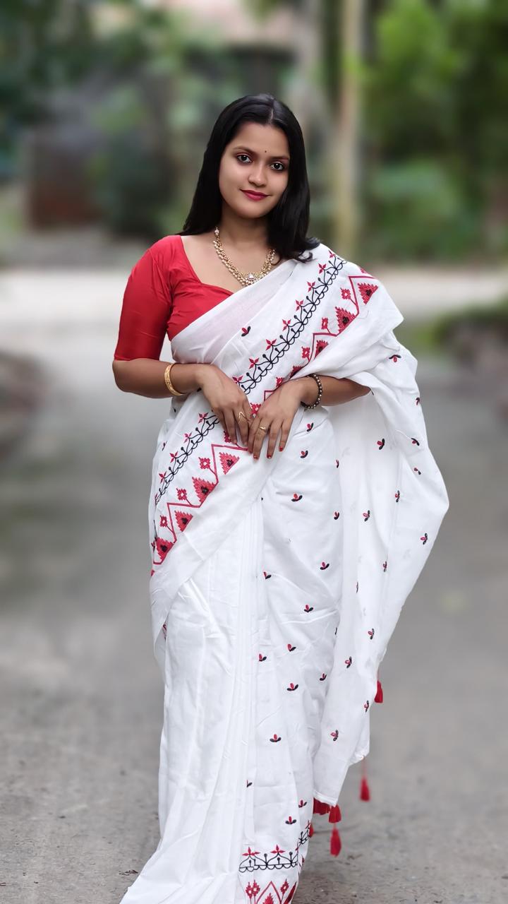 Premium Soft Cotton Embroidered Saree in White with Red Detailing & Blouse Piece