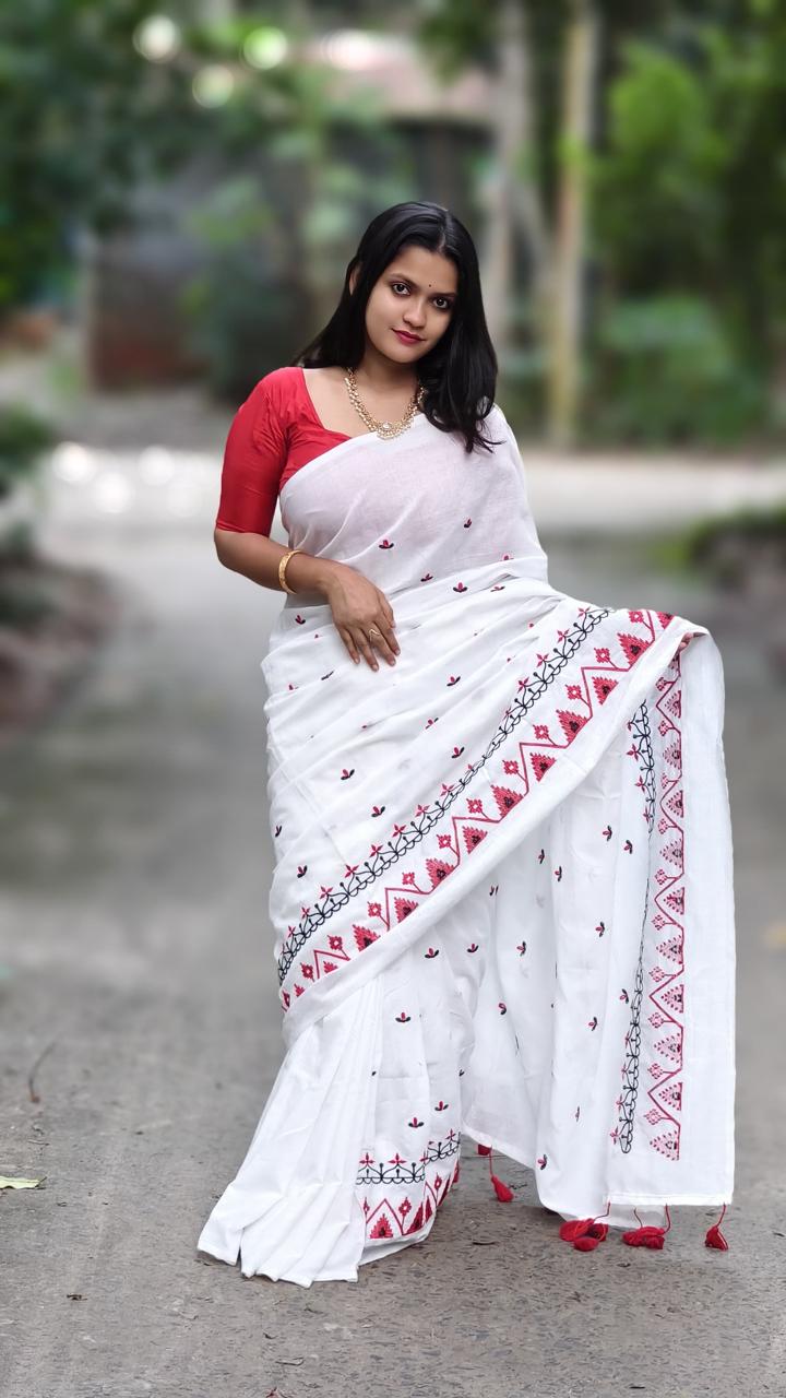 Premium Soft Cotton Embroidered Saree in White with Red Detailing & Blouse Piece