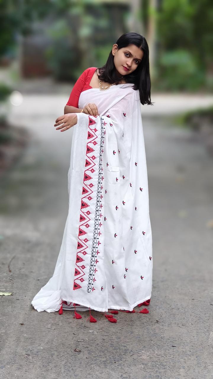 Premium Soft Cotton Embroidered Saree in White with Red Detailing & Blouse Piece