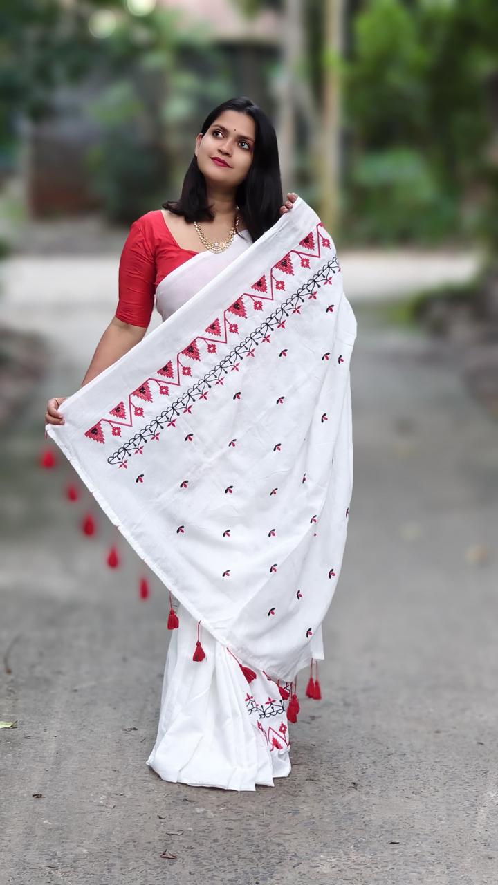 Premium Soft Cotton Embroidered Saree in White with Red Detailing & Blouse Piece