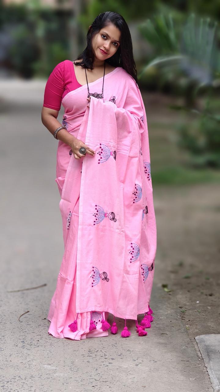 Premium Soft Cotton Embroidered Saree with Tassels & Matching Blouse Piece – Elegant Pink Ethnic Wear