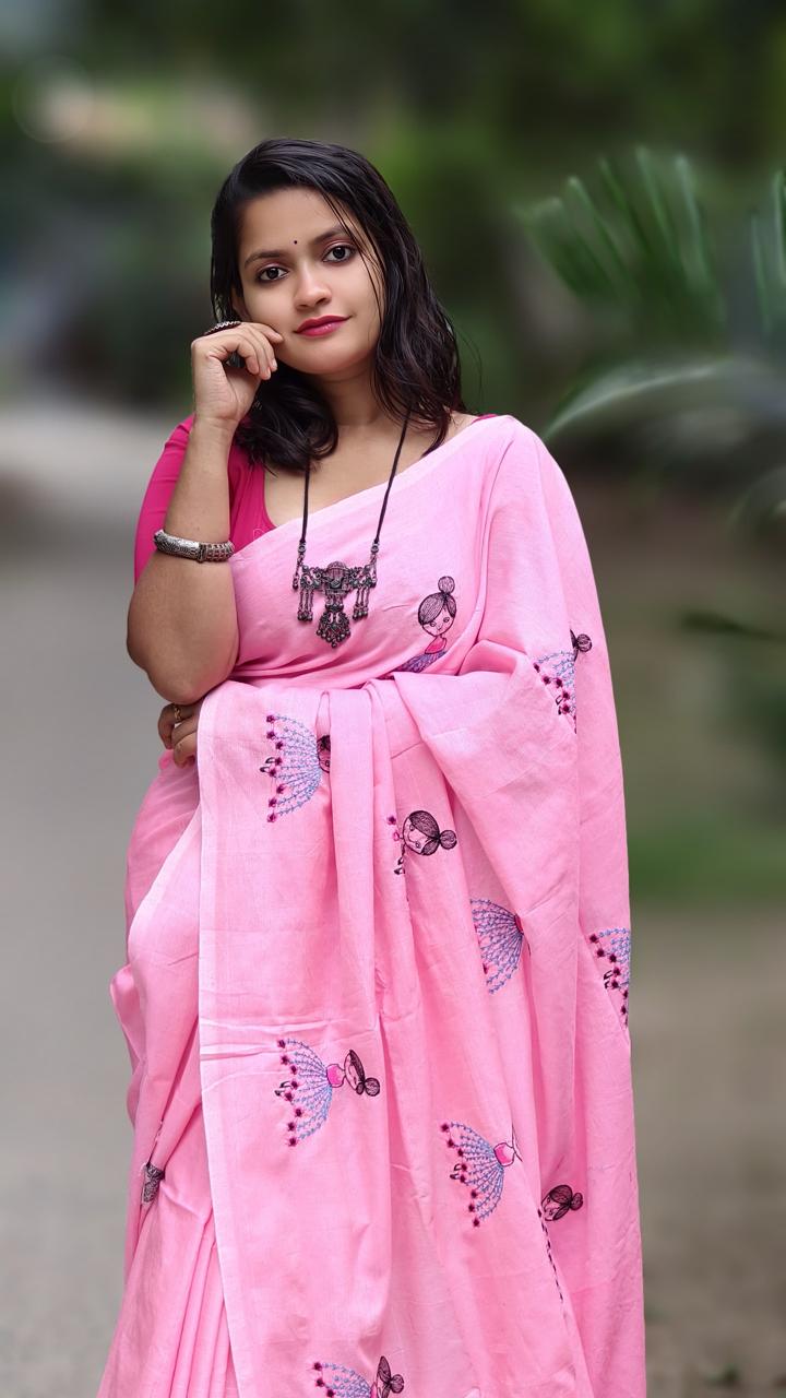 Premium Soft Cotton Embroidered Saree with Tassels & Matching Blouse Piece – Elegant Pink Ethnic Wear