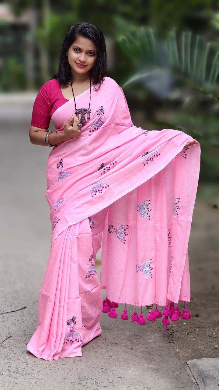 Premium Soft Cotton Embroidered Saree with Tassels