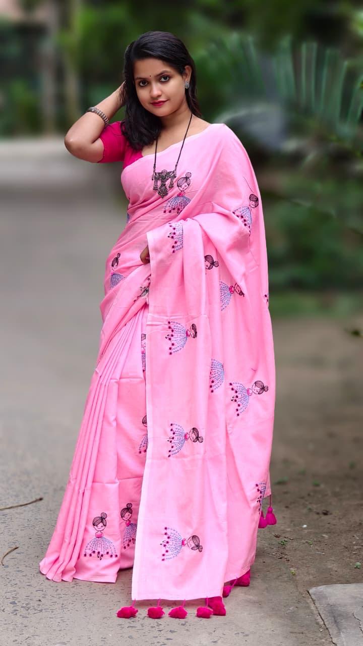 Premium Soft Cotton Embroidered Saree with Tassels & Matching Blouse Piece – Elegant Pink Ethnic Wear