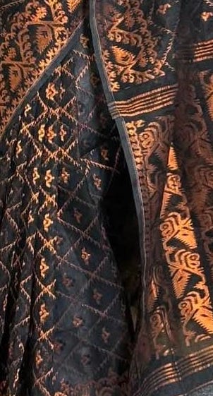 Premium Dhakai Jamdani Saree with Zari Work | Black & Copper Weaving Design | Traditional Soft Handloom Saree with Blouse Piece