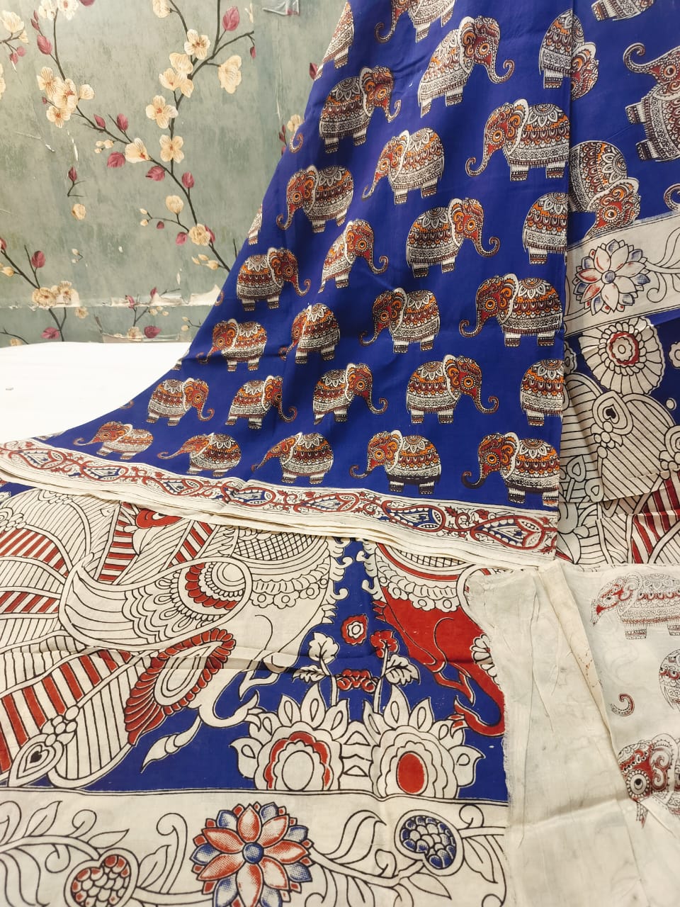Pure Andhra Kalamkari Silk Saree with Elephant Motif Hand Print