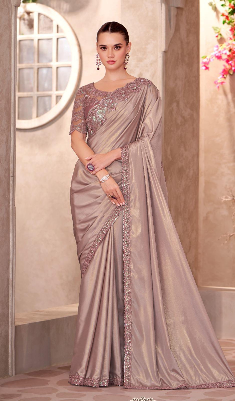 Shimmer Silk Crepe Designer Saree in Taupe Grey