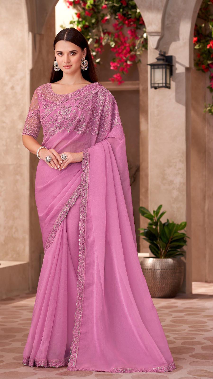 Embroidered Chiffon Saree with Heavy Thread & Sequin Work