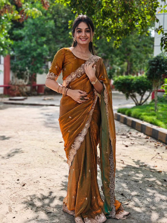 Premium Shaded Trendy Chiffon Saree with Heavy Multi Embroidery & Sequins Work | Party Wear Designer Saree with Embroidered Sequence Blouse Piece