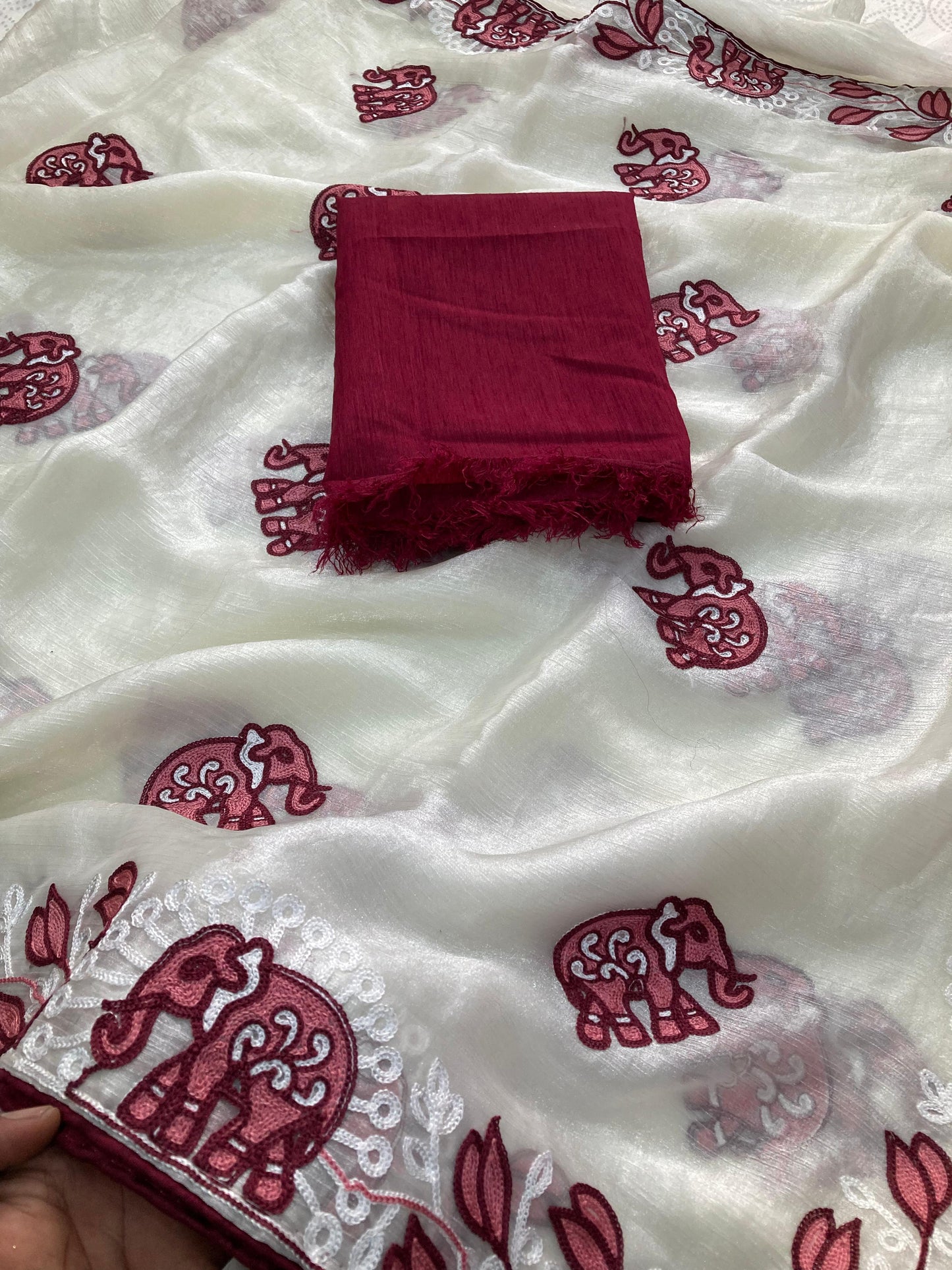 Trendy Chiffon Saree with C-Pallu Elephant Embroidery Border & Matching Blouse Piece | Lightweight Party & Festive Wear Saree