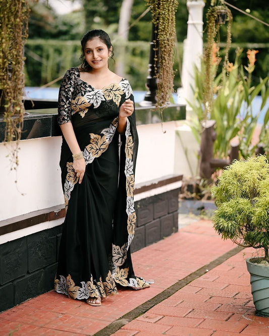 Premium Soft Satin Chiffon Saree in Classic Black with Gold & Ivory Floral Print | Elegant Party & Festive Wear Saree with Matching Blouse