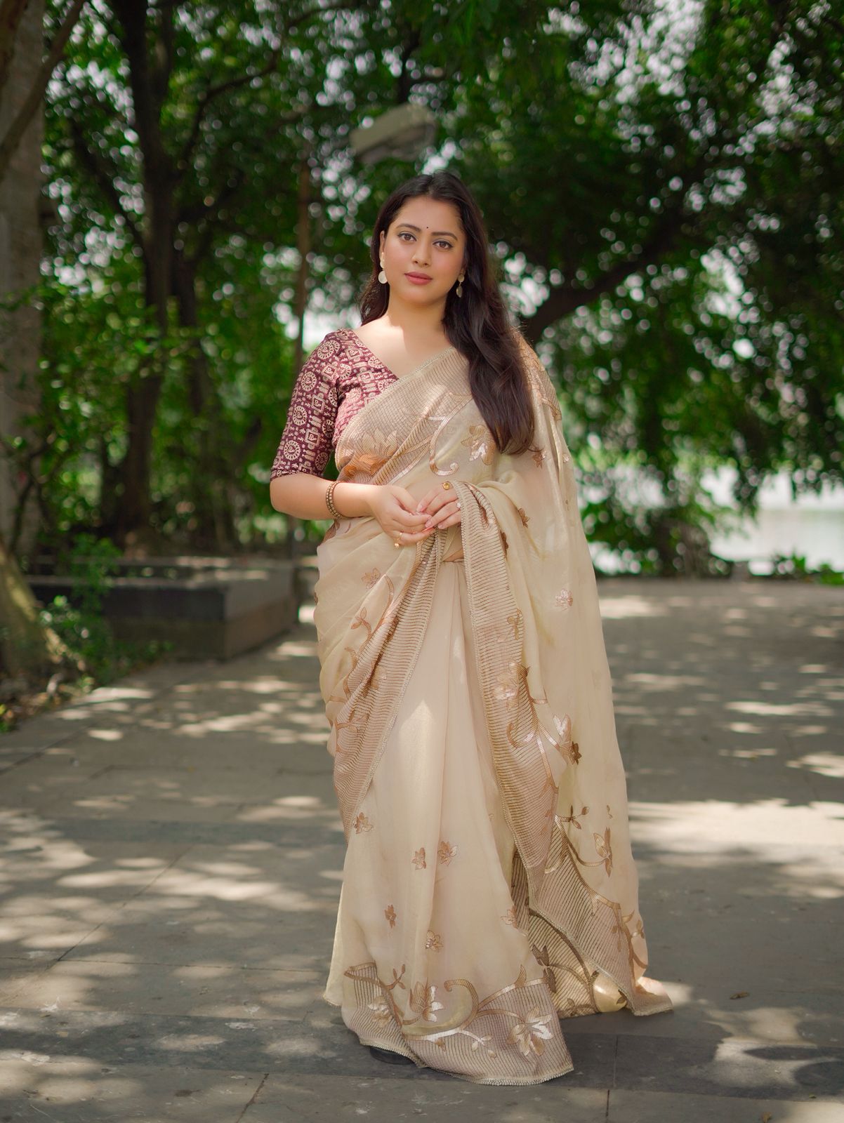 Soft Satin Georgette Saree in Goldish Beige with Banarasi Zari Woven Border & Contrast Coffee Worli Zari Silk Blouse | Elegant Festive & Party Wear Saree