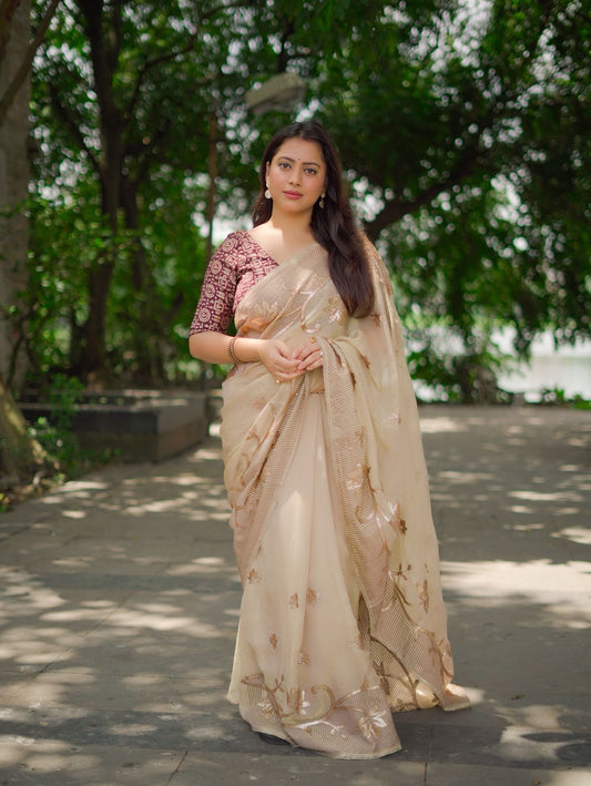 Soft Satin Georgette Saree in Goldish Beige with Banarasi Zari Woven Border & Contrast Coffee Worli Zari Silk Blouse | Elegant Festive & Party Wear Saree