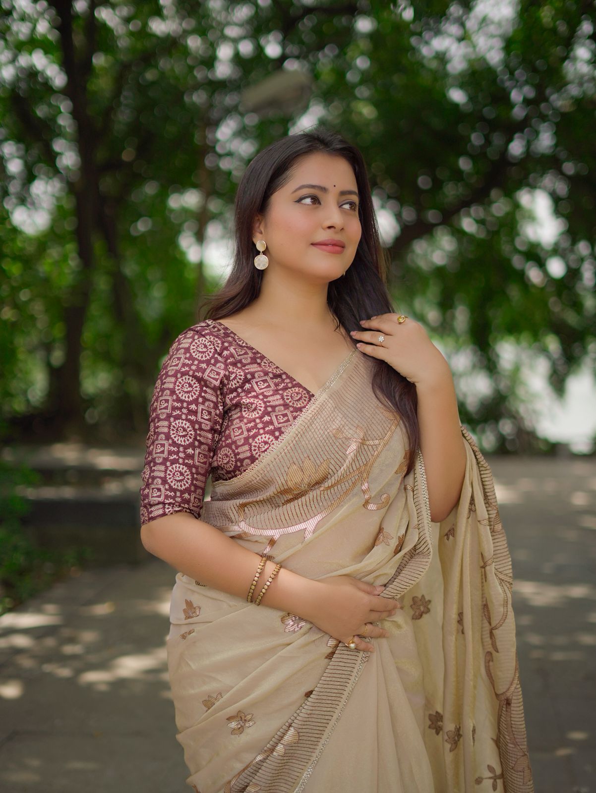 Soft Satin Georgette Saree in Goldish Beige with Banarasi Zari Woven Border & Contrast Coffee Worli Zari Silk Blouse | Elegant Festive & Party Wear Saree