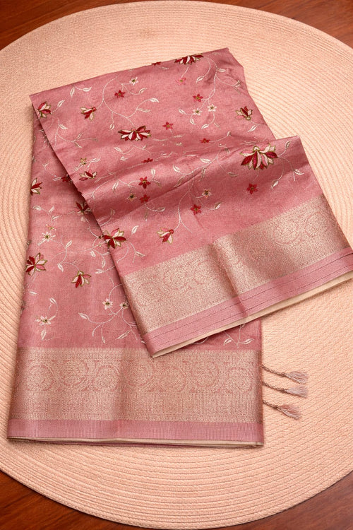 Authentic Dusty Rose Pink Muslin Tissue Saree