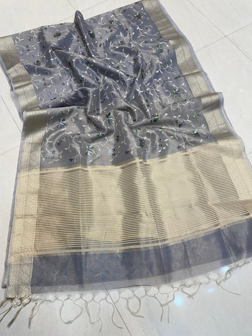 Authentic Grey Muslin Tissue Saree with Embroidery