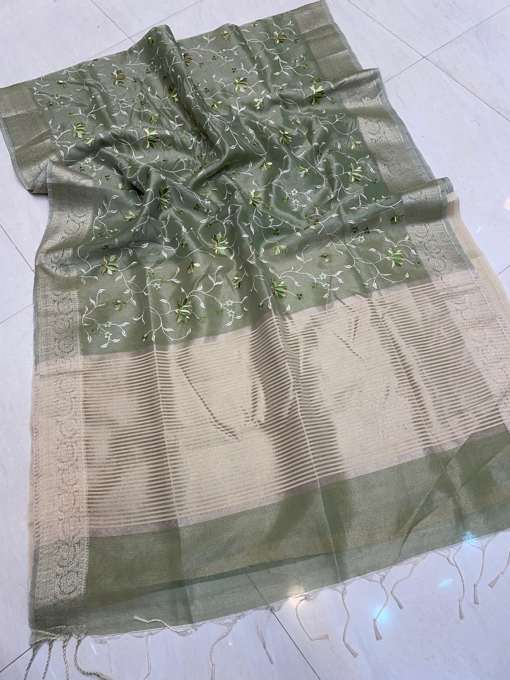 Authentic Olive Green Muslin Tissue Saree