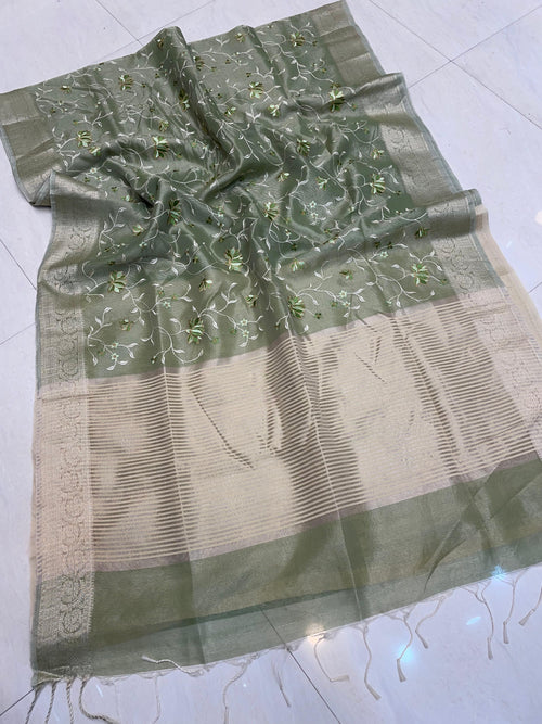 Authentic Olive Green Muslin Tissue Saree