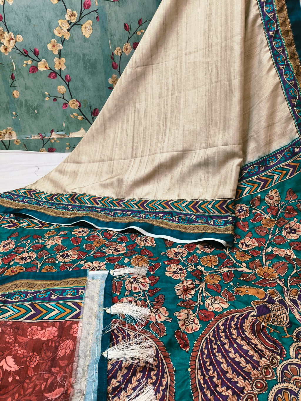 Hand Katha Stitch Manikpuri Kalamkari Silk Saree