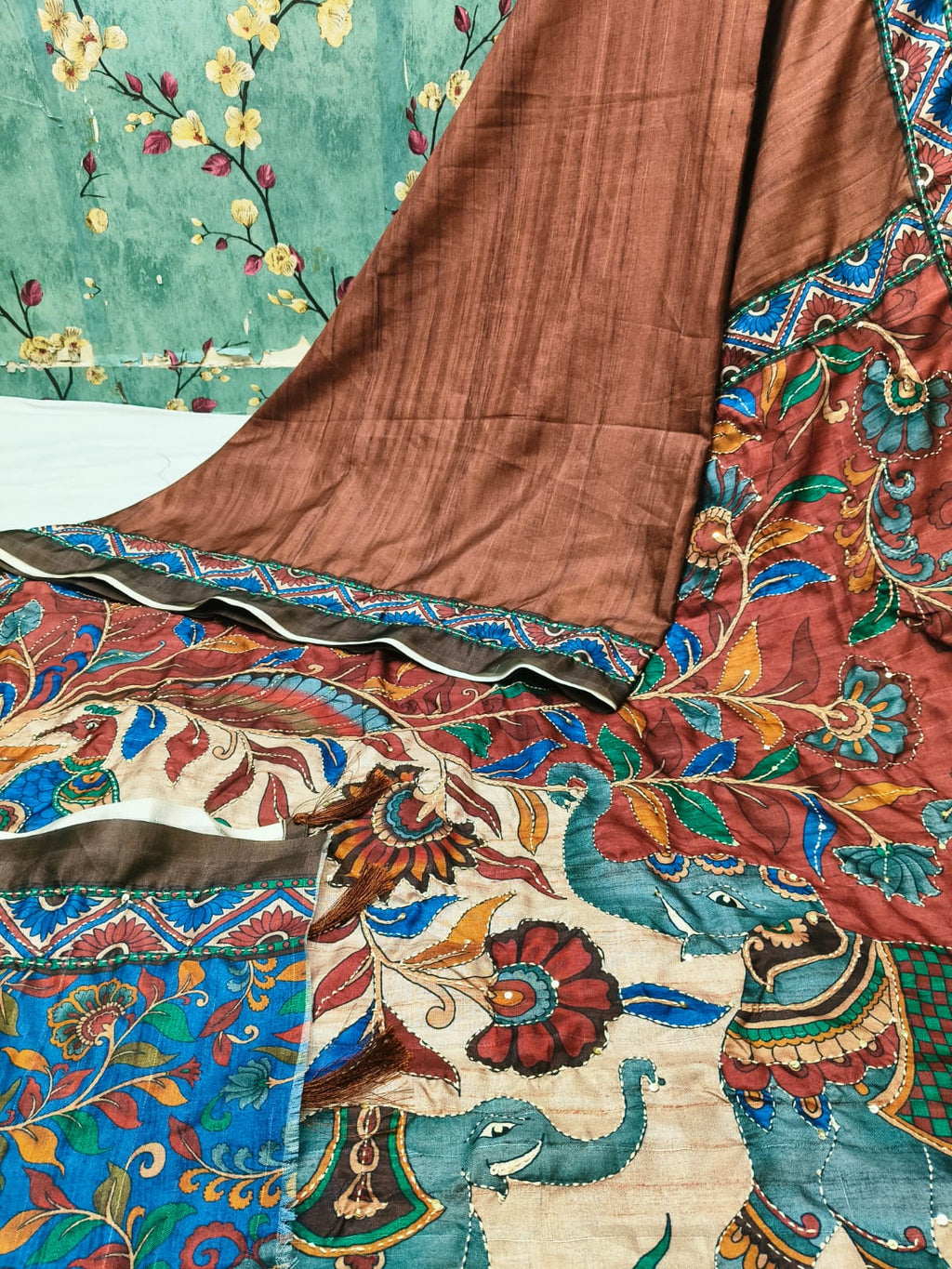 Hand Katha Stitch Manikpuri Kalamkari Silk Saree