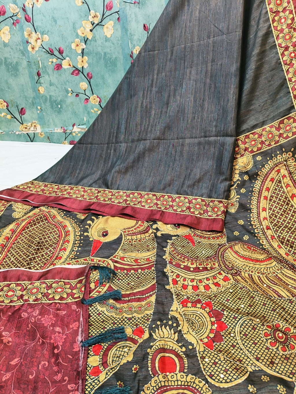 Hand Katha Stitch Manikpuri Kalamkari Silk Saree