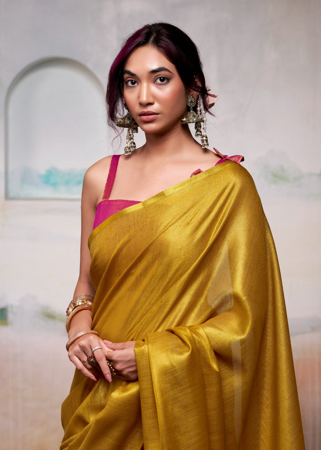 Handloom Mustard Yellow Tissue Silk Saree