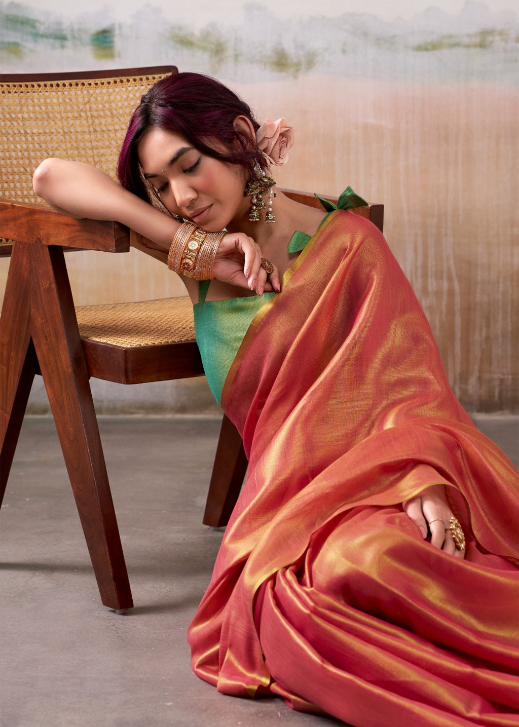 Pure Handloom Tissue Silk Saree with Contrast  Blouse Piece