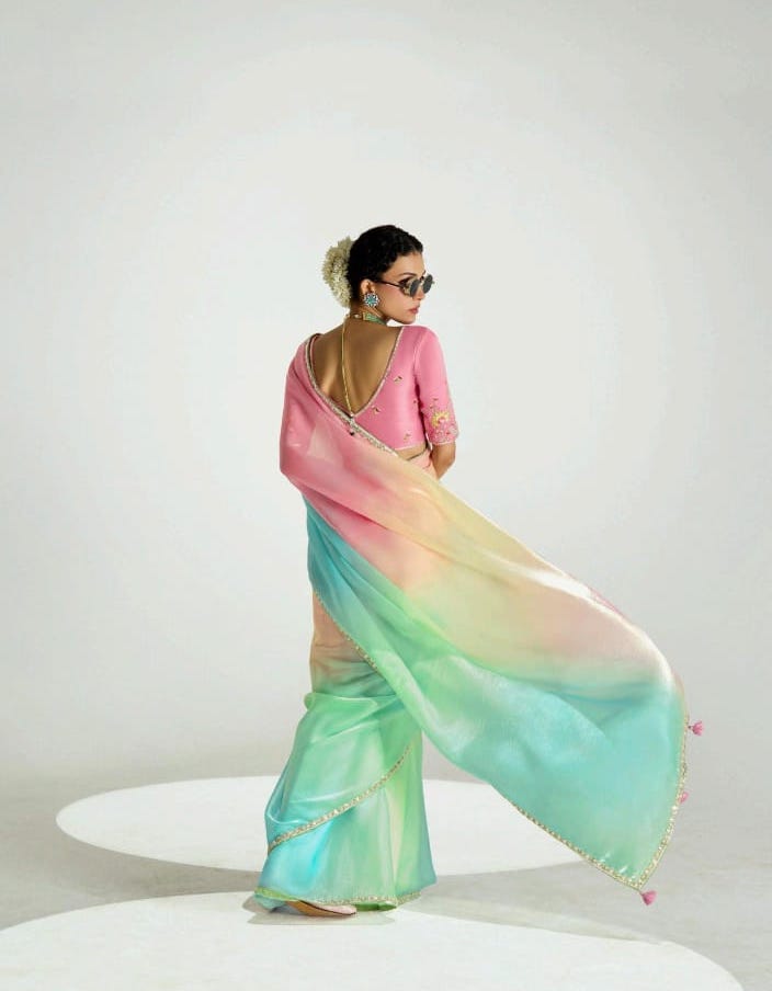 Pure Organza Tissue Silk Saree with Designer Contrast Hand-Work Blouse