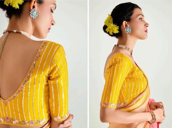 Pure Organza Tissue Silk Saree with Designer Contrast Hand-Work Blouse