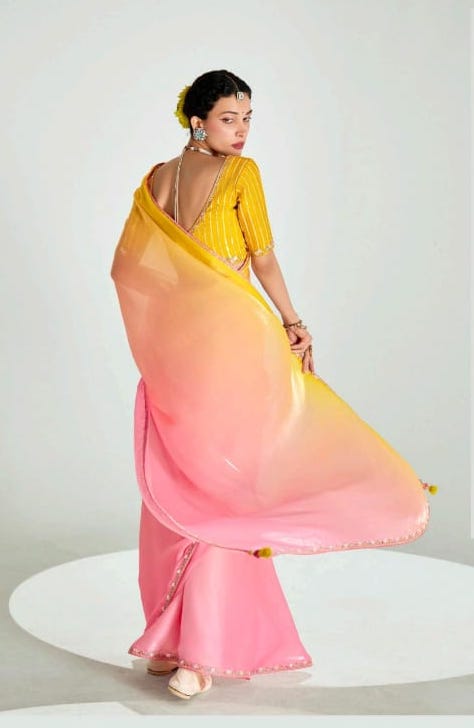 Pure Organza Tissue Silk Saree with Designer Contrast Hand-Work Blouse