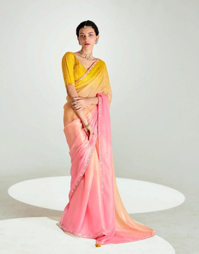 Pure Organza Tissue Silk Saree with Designer Contrast Hand-Work Blouse