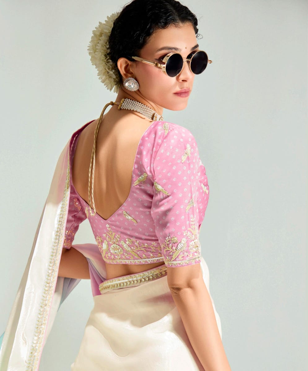 Pure Organza Tissue Silk Saree with Designer Contrast Hand-Work Blouse