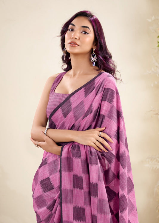 Purple Pure Linen Silk Saree | Checkered Pattern
